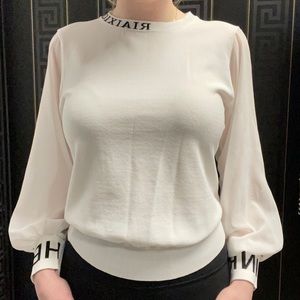 White Sweater Blouse With Mesh Sleeves With Lettering Trim